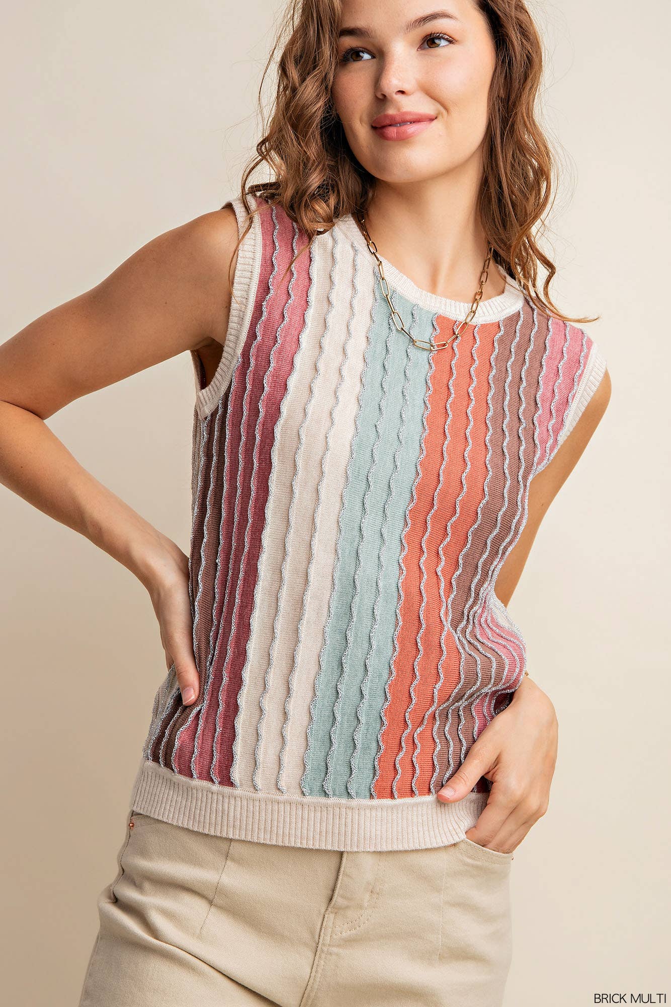 MULIT COLOR SHIMMER STRIPED SWEATER TEE: BRICK MULTI Spring-Summer Kori