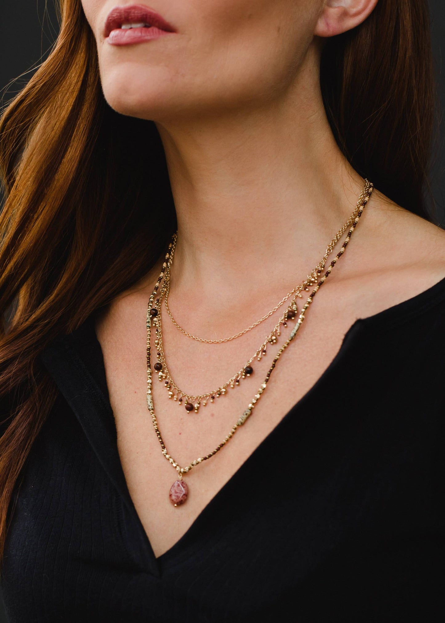Gold & Brown Beaded Triple Layer Necklace Fall-Winter Panache Apparel Co.