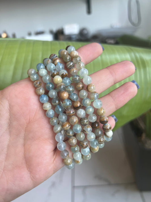 Lemurian Aquatine Calcite Beaded Bracelet Core Sapphire & Sage