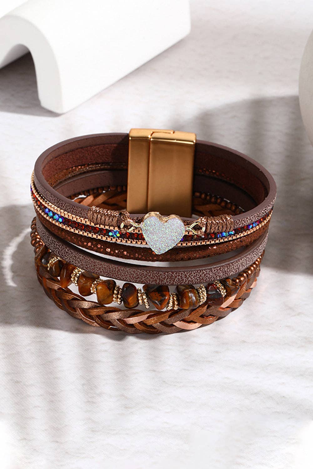 Brown Glittering Heart Accent Multi-layer Vintage PU Bracelet Spring-Summer Zeal Onyx, L.L.C.