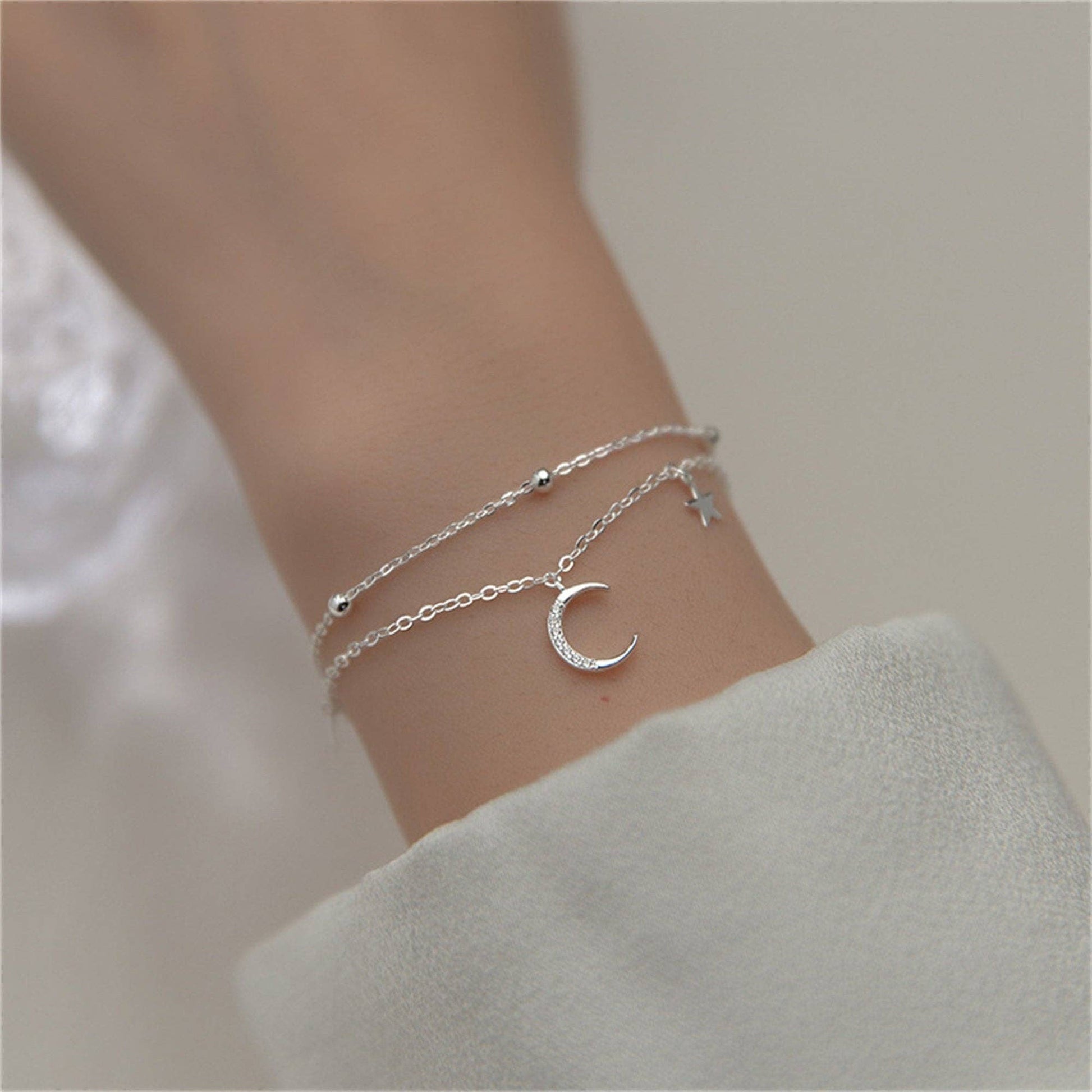 Boho Moon Star Charm Layered Bracelet in 925 Sterling Silver Core Perimade & Co. LLC