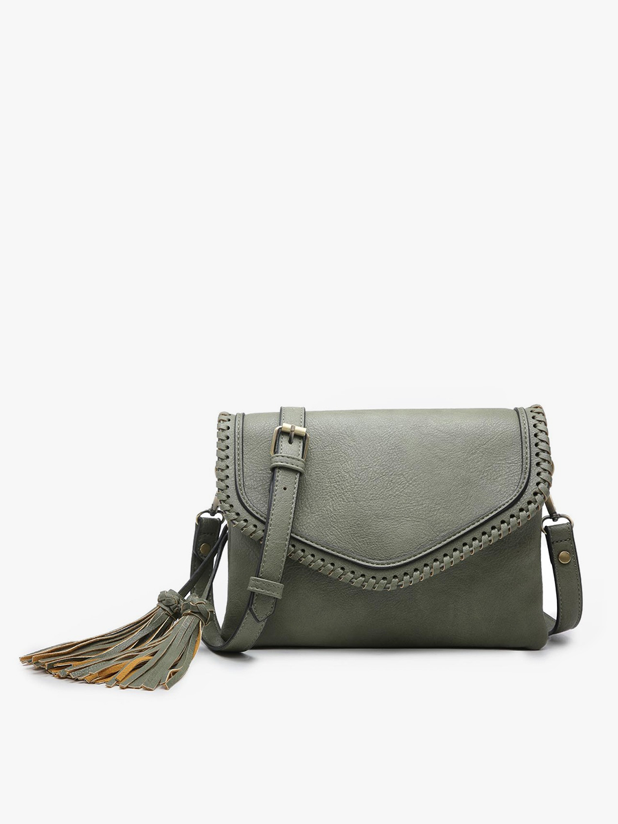 Sloane Flapover Crossbody w/ Whipstitch and Tassel: Olive Fall-Winter Jen & Co.