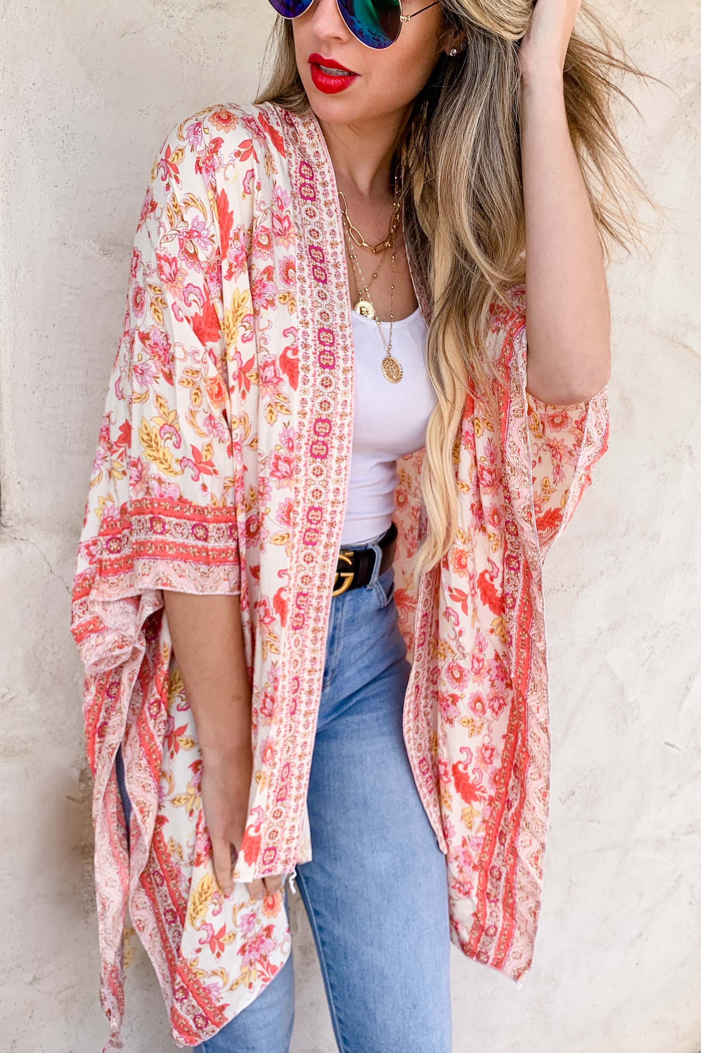 Rose Floral Border Printed Kimono Cardigan Cover Up