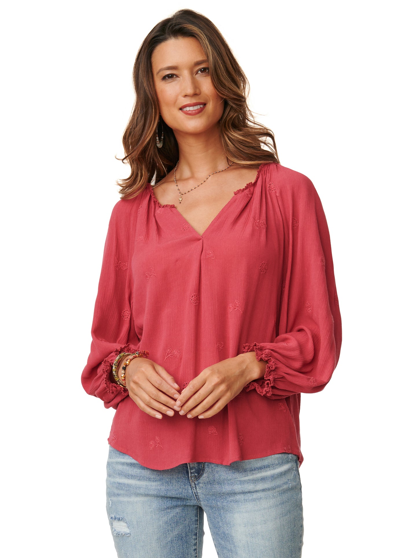 EMBROIDERED EYELET WOVEN TOP