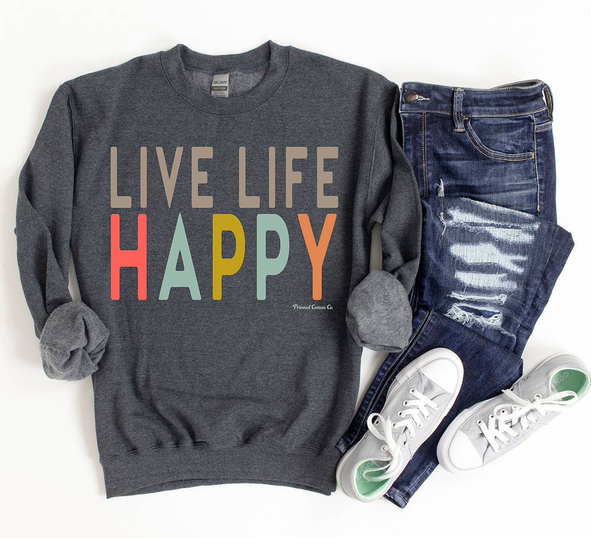 Live Life Happy: Gildan Heather Dark GreY Core Printed Cotton Co.