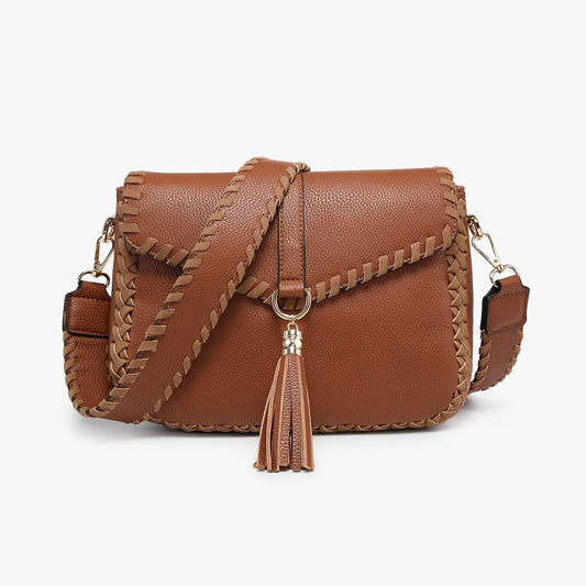 Brown Cam Whipstitch Flapover Crossbody w/ Tassel Fall-Winter Jen & Co.