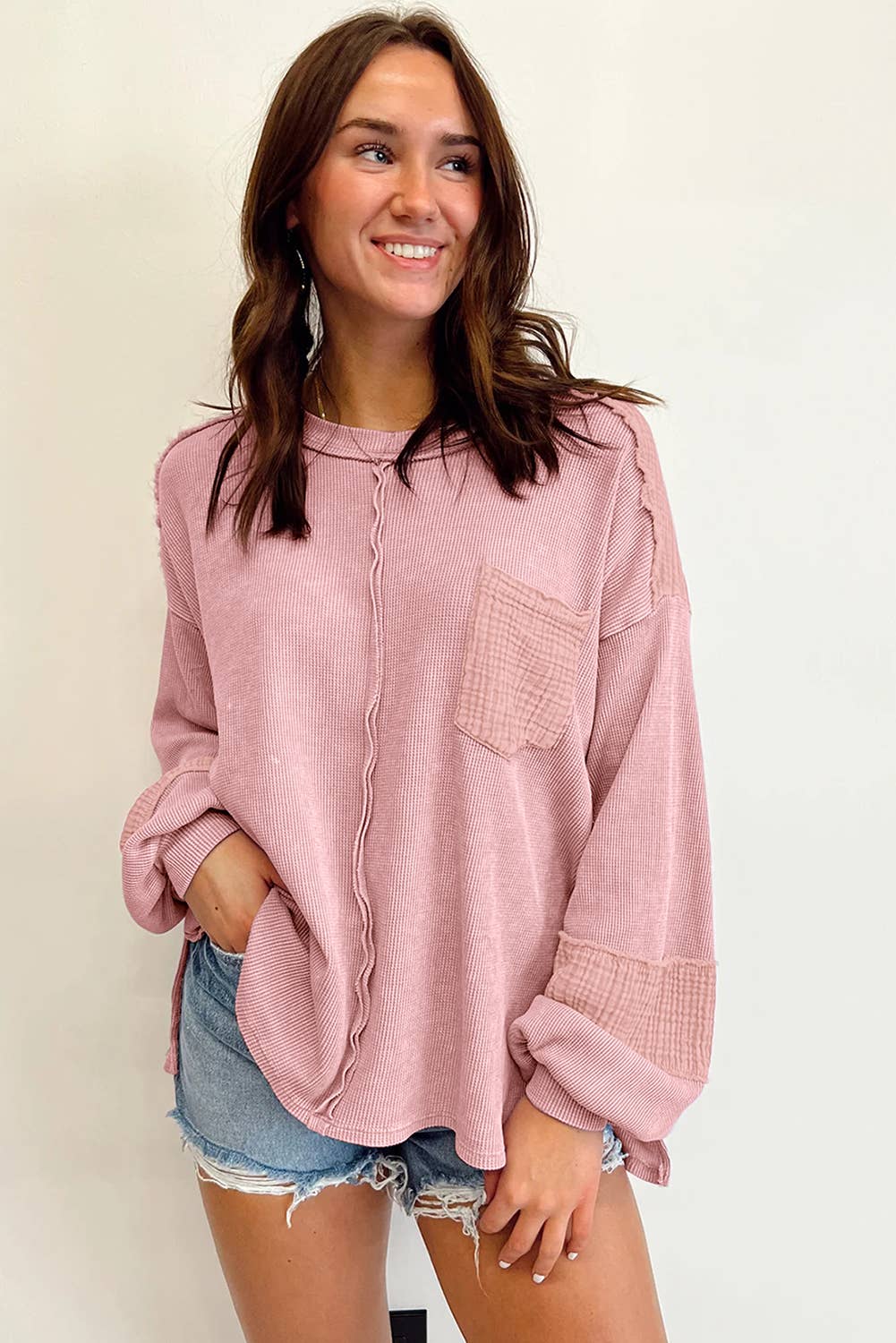 Pink Exposed Seam Patchwork Bubble Sleeve Waffle Knit Top Spring-Summer Lovesoft