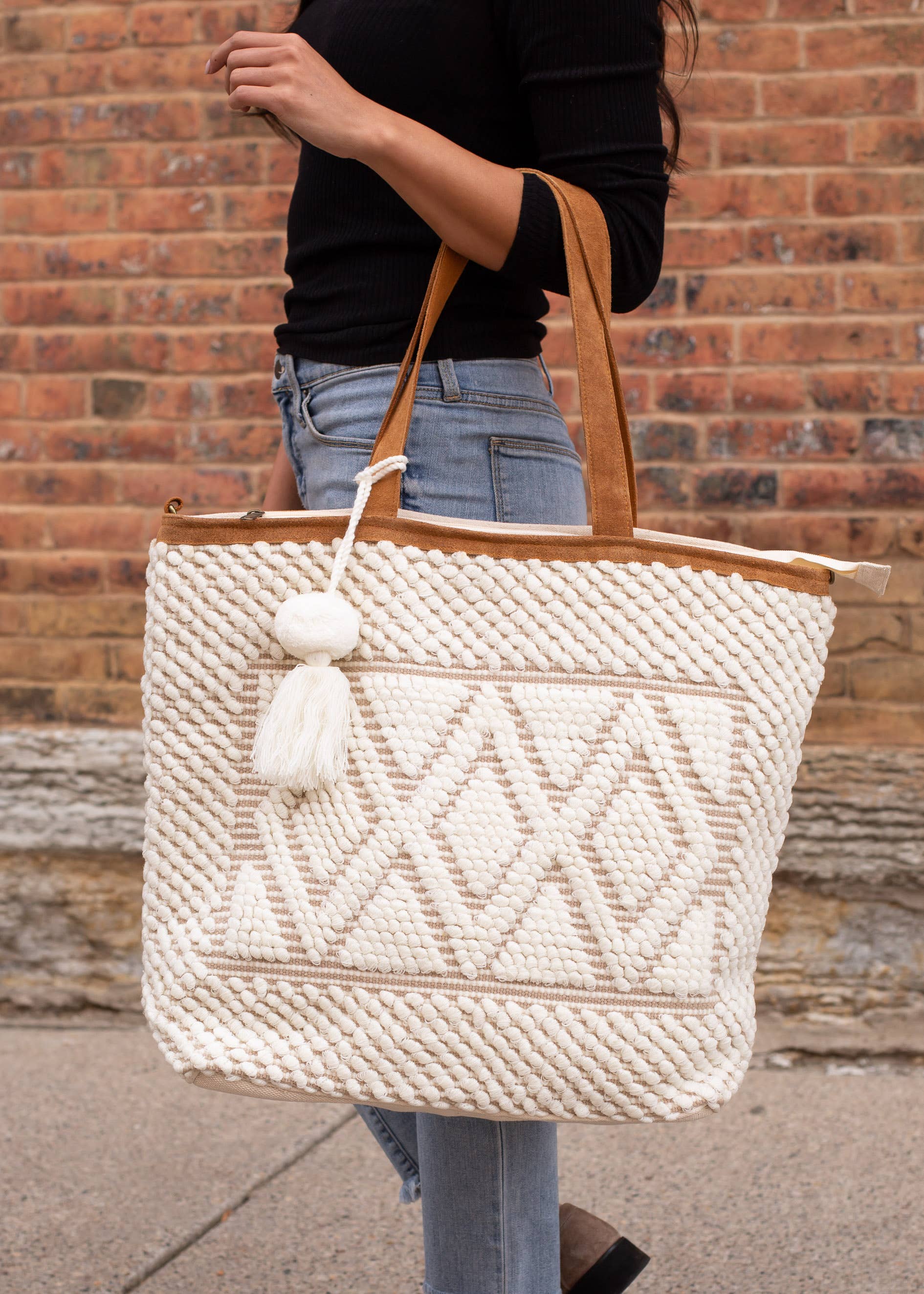 Woven Cream Diamond Pattern Tote Fall-Winter Panache Apparel Co.