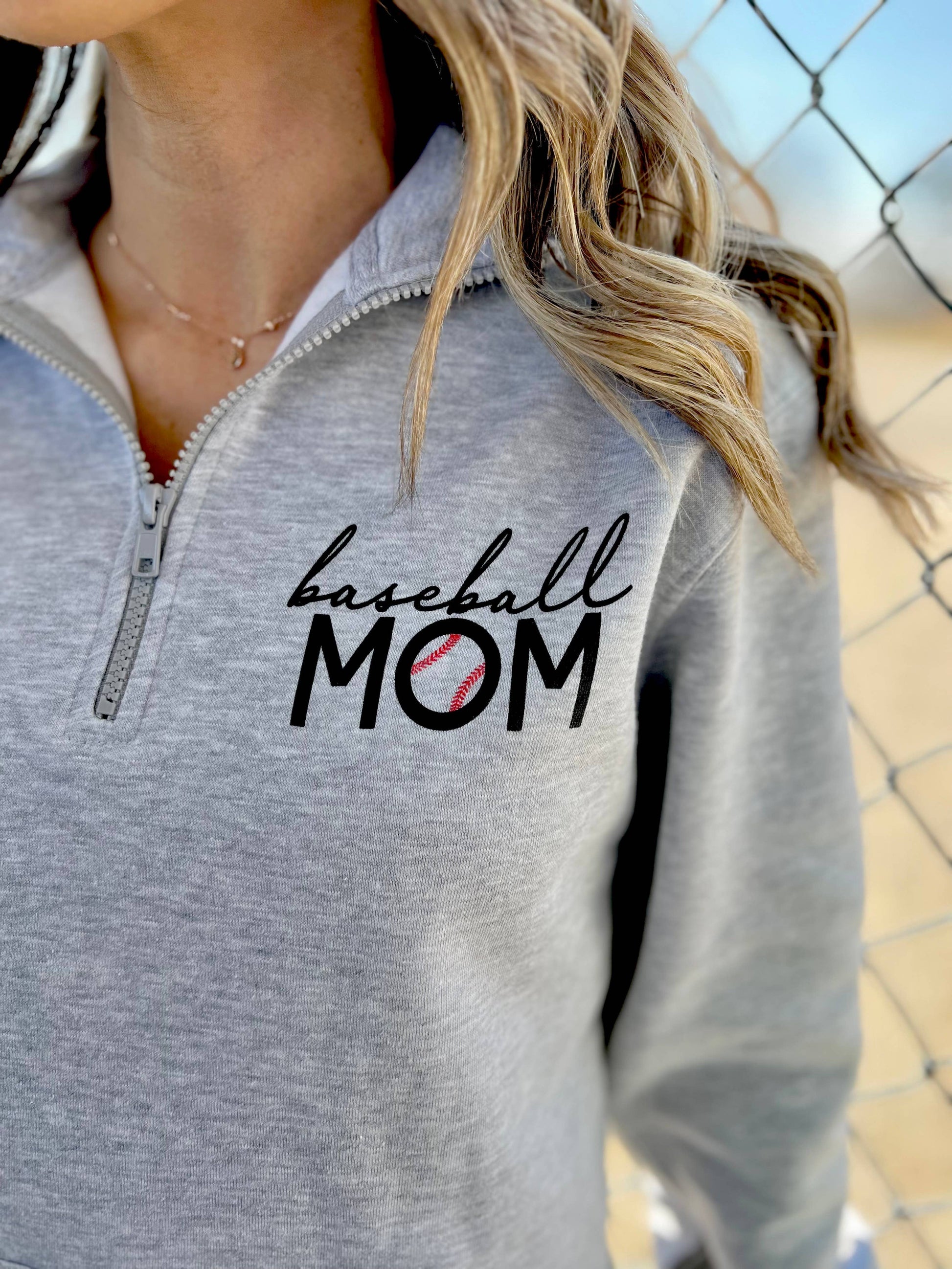 BASEBALL MOM - 1/4 Zip Sweatshirt w/front pouch pocket: Light Heather Grey Spring-Summer Lemon Lorraine's LLC