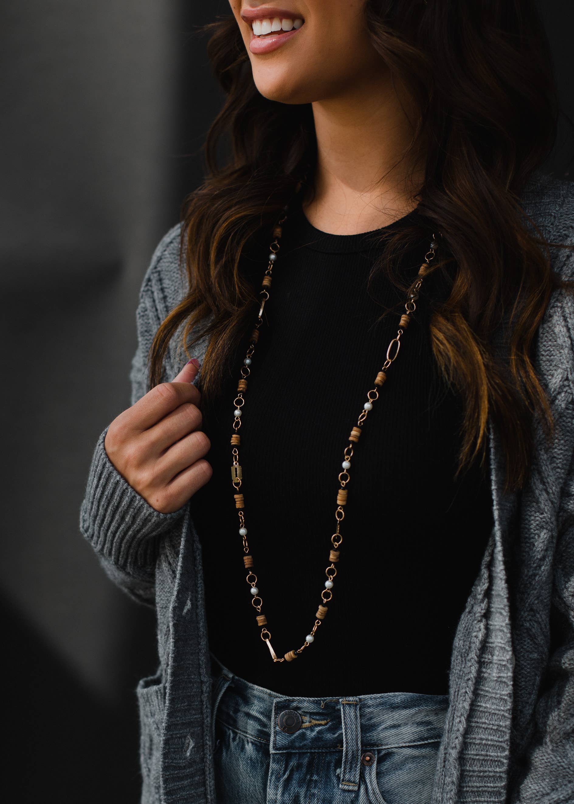 Gold & Neutral Beaded Long Necklace Fall-Winter Panache Apparel Co.