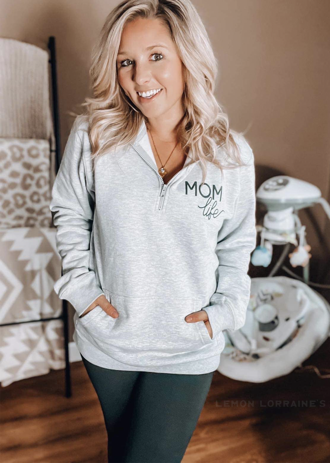 MOM LIFE - 1/4 Zip Sweatshirt w/front pouch pocket:  Light Heather Grey Spring-Summer Lemon Lorraine's LLC