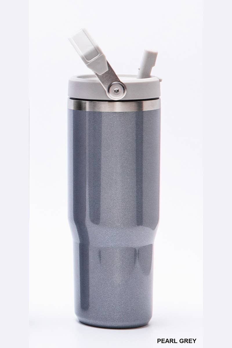 30OZ STAINLESS STEEL PEARL FLIP STRAW TUMBLER: PEARL GREY Core Vanilla Monkey