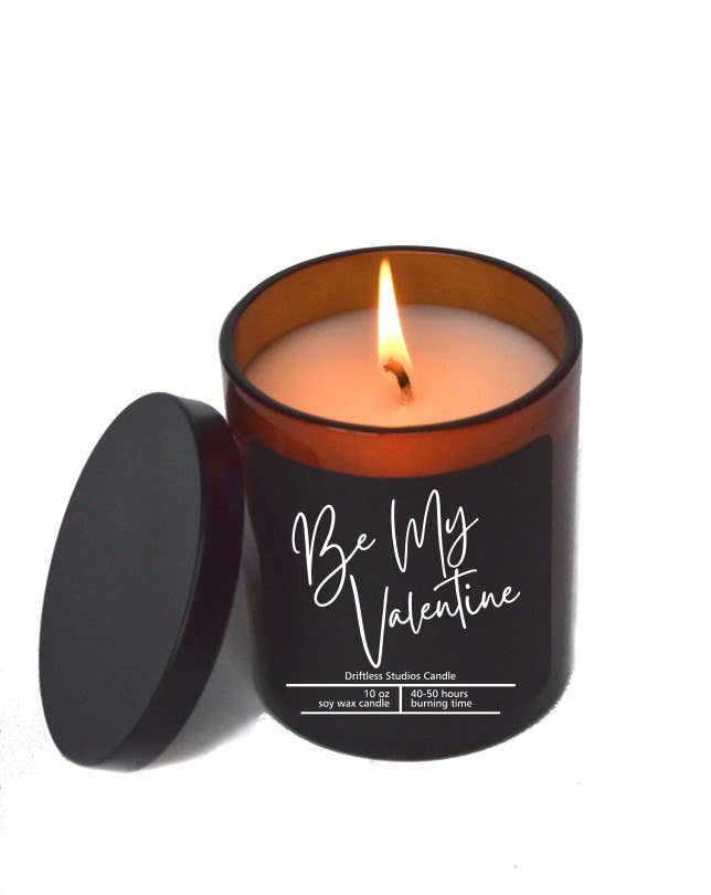 Be My Valentine 10 oz soy wax candle in glass jar with lid, burning flame, 40+ hour burn time