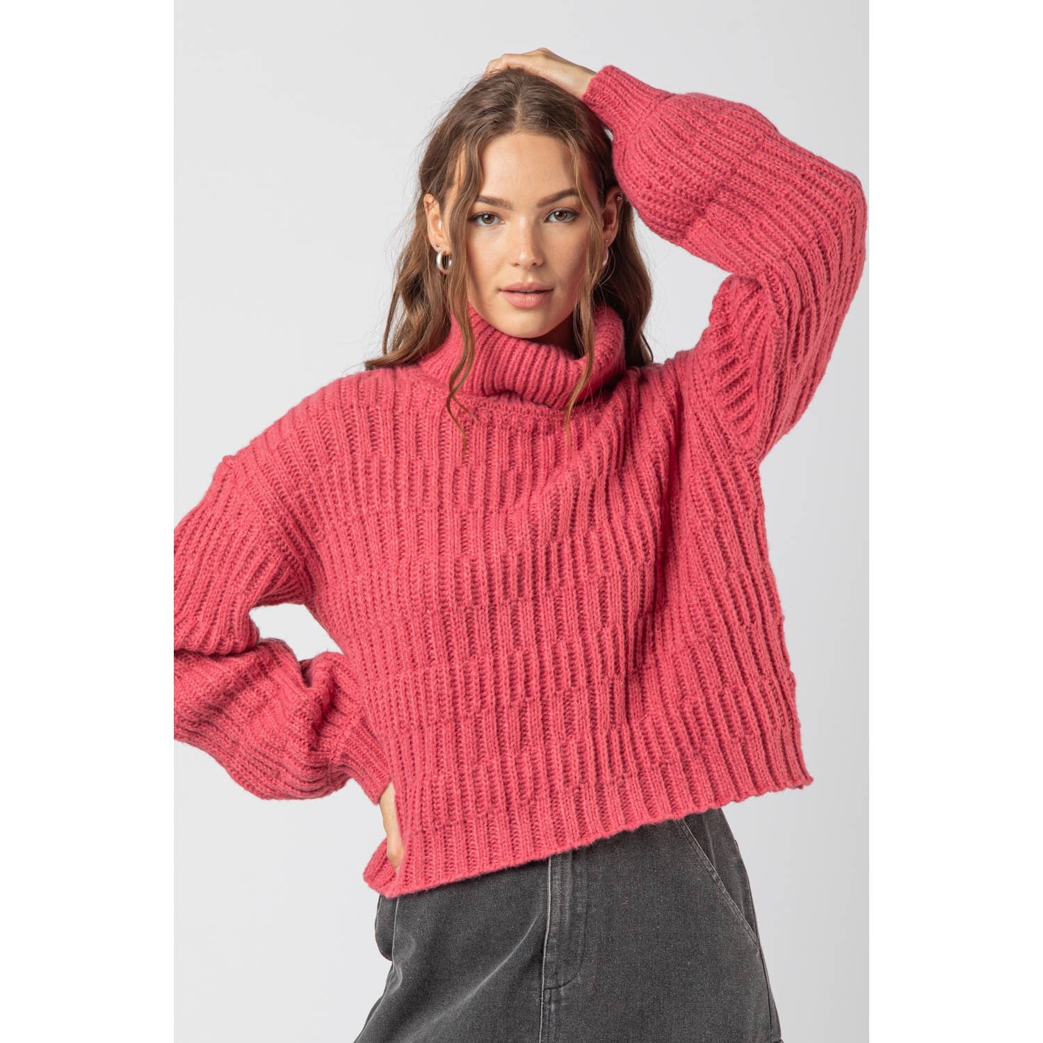 Viva Magenta Turtle Neck Textured Knit Sweater Topu Fall-Winter Baie Bleue