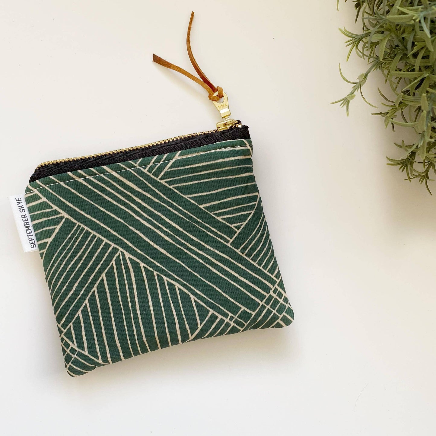 Small square pouch in green and cream geometric Core September Skye Bags & Accessories